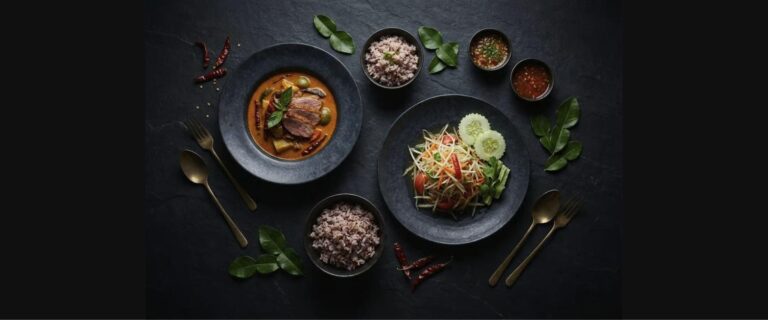 A Thai table setting with curry and sliced duck, green papaya salad, rice and dipping sauces